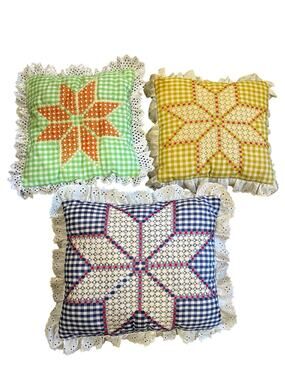 Lot of 3-Vtg Hand Made 
Chicken Scratch embroidery Throw Pillow-Cottage Core-EUC